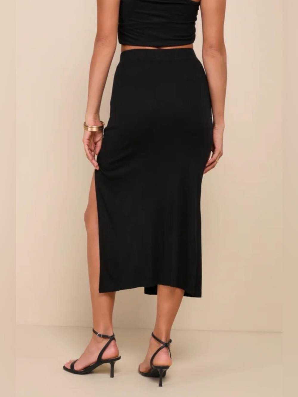 Lulus Simply Trendy Black Ribbed Ruched Drawstring Midi Skirt - Picture 4 of 8